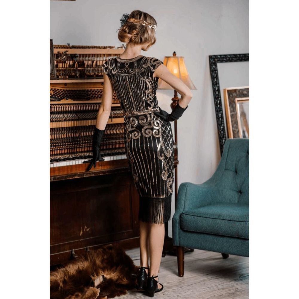 ✨ Flapper Great Gatsby Roaring 1920s Retro Tassel Fringe Sequin Dress SIZE L NEW - Picture 7 of 17